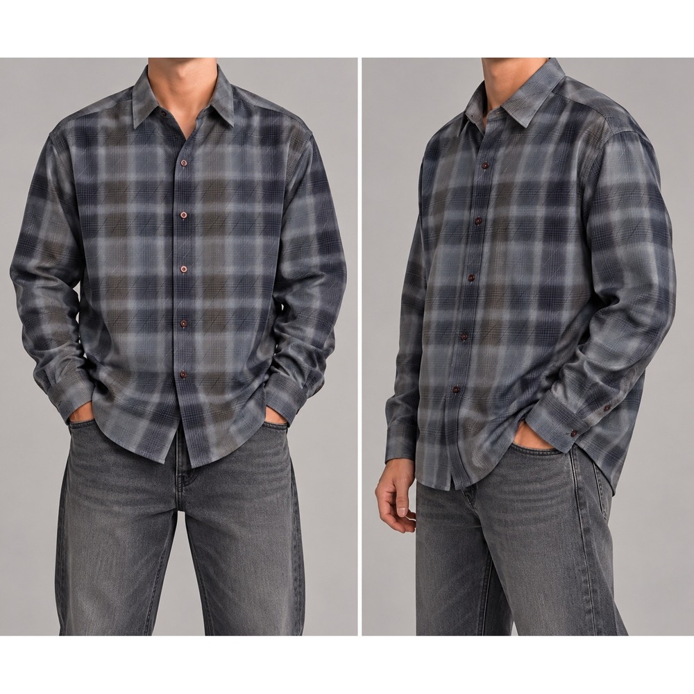 Zanzara Mens XL Cotton Plaid Button Down Shirt Grey Blue Long Sleeve Check